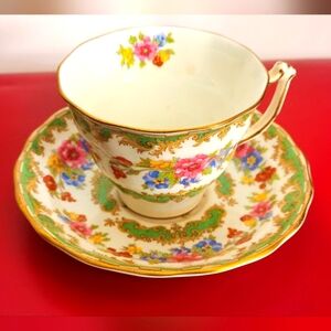 Old Royal Bone China Pink Floral & Green Flat Cup & Saucer Set #2876